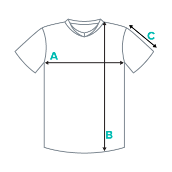 T-shirt measurement diagram showing A chest width, B length, C sleeve length